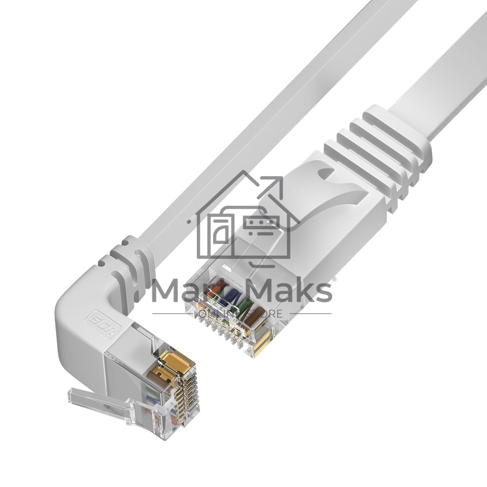 Патч-корд GCR PROF UTP медь кат.6, нижний угол, ethernet high speed 10 Гбит/с, RJ45, T568B, плоский 7.5m, белый