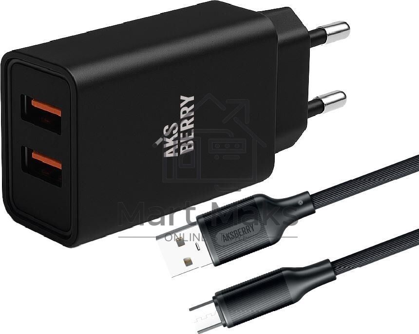 Сетевое зарядное устройство AKSBERRY (6900209220015) T38 2 USB 2.4A + кабель MicroUSB, черный