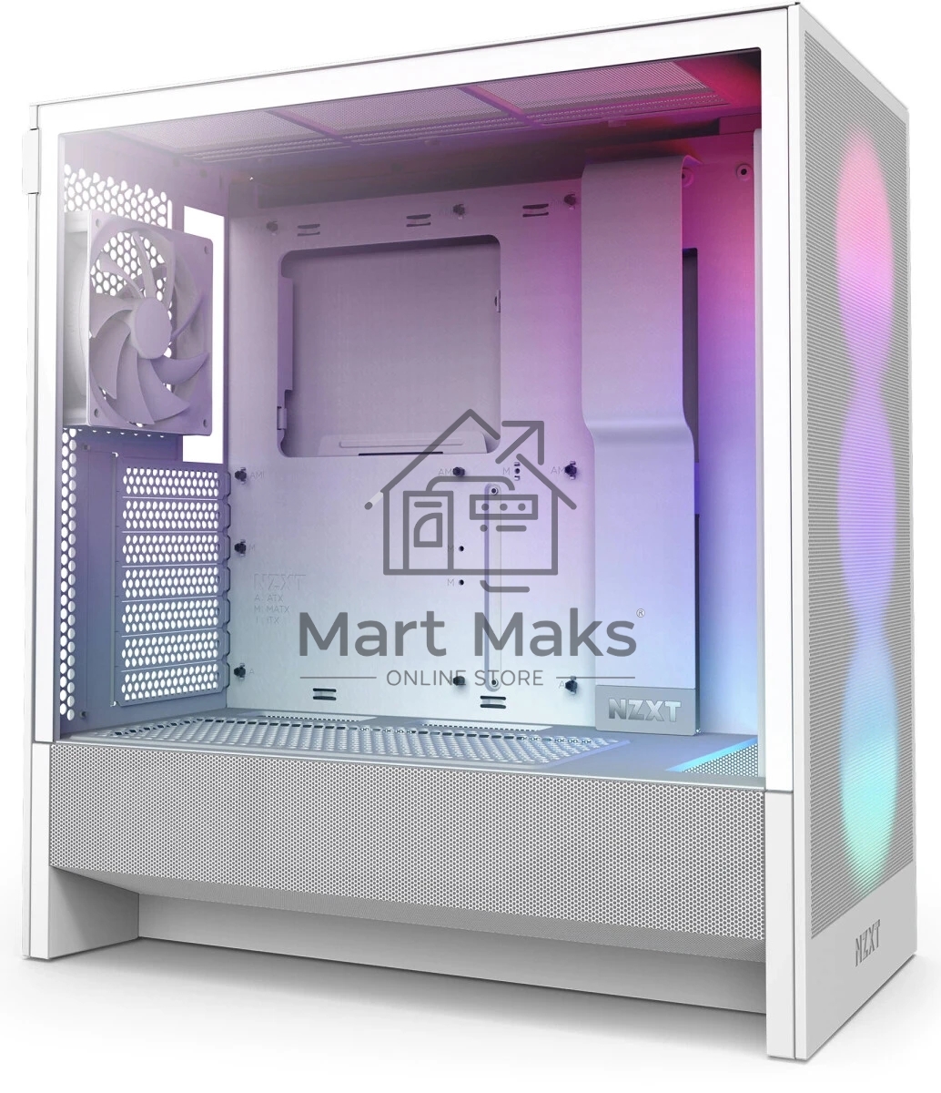 Компьютерный корпус без блока питания NZXT H5 Flow RGb, Midi-Tower, TG, 4x120мм RGb, 1xUSB-A 3.2 + 1xUSB-C 3.2, E-ATX, ATX, mATX, mITX белый