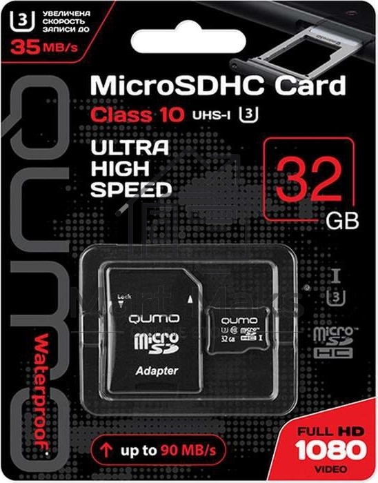 Флеш карта QUMO MicroSDHC 32GB Сlass 10 UHS-I U3,3.0 с адаптером SD, черно-красная картонная упаковка (QM32GMICSDHC10U3)