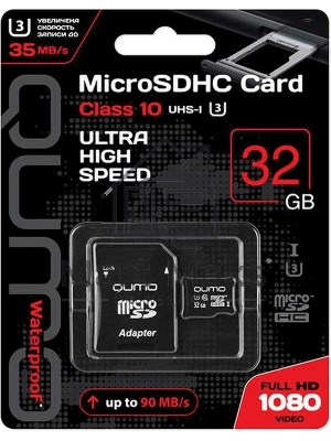 Флеш карта QUMO MicroSDHC 32Gb Сlass 10 UHS-I U3,3.0 с адаптером SD, черно-красная картонная упаковка (QM32GMICSDHC10U3)