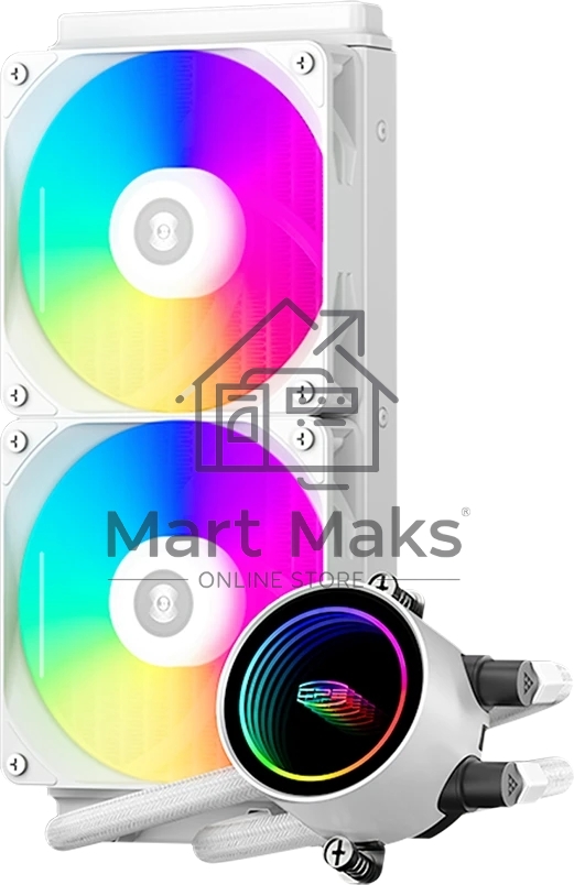 Система охлаждения PCCooler DA240 ARGB WH (270W, 240мм, белый, ARGB/ Fans: 2x120мм, 73.6CFM, -dBA, 1800RPM/ Pump height 55мм, -dBA, 3000RPM, Rad thickness 27мм/ S: 1851, 1700, 1200, 20XX, 115X, AM5, AM4)
