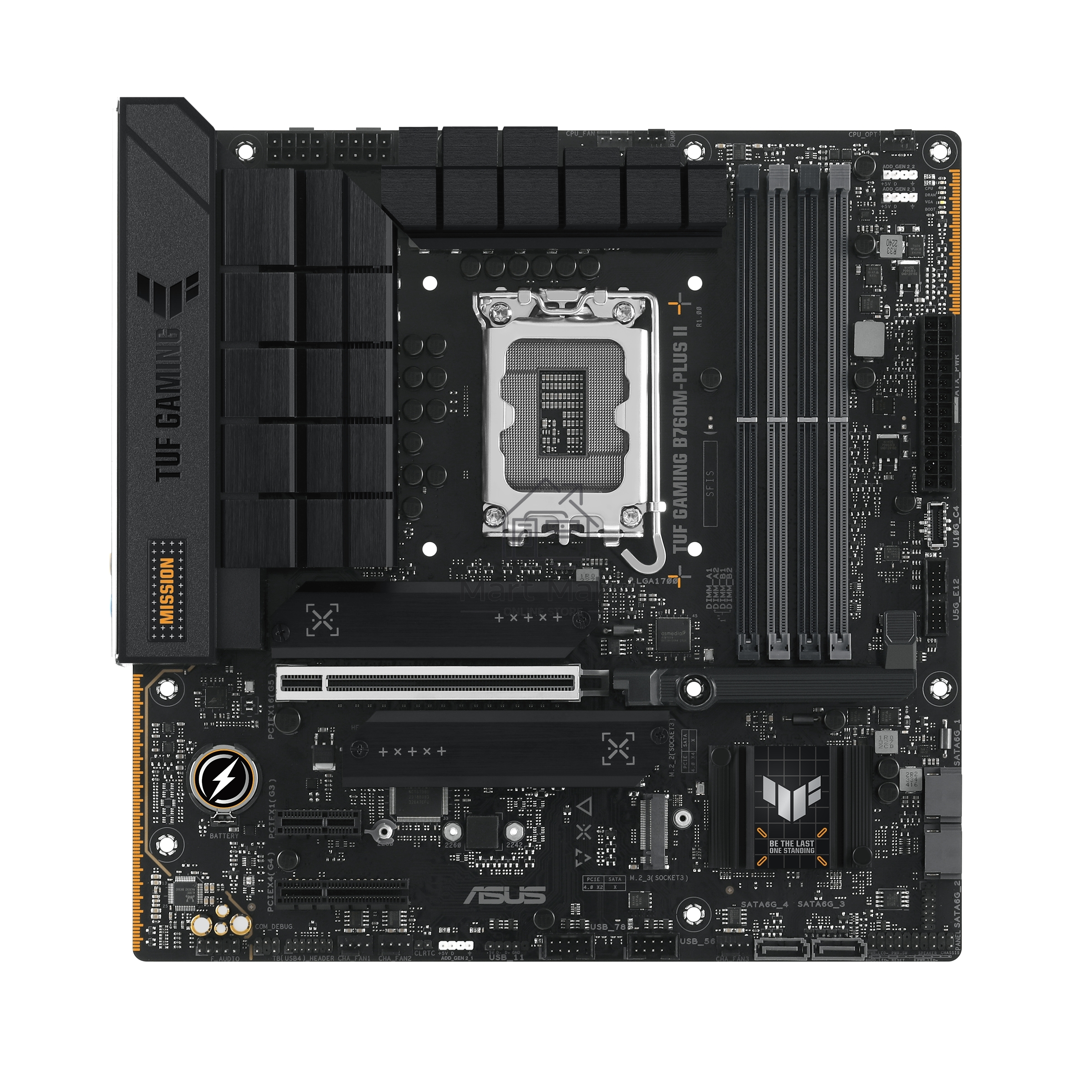 Материнская плата ASUS TUF GAMING B760M-PLUS II, LGA 1700, Intel B760, 4xDDR5, 4xSATA, 3xM.2, 1xPCIe 5.0 x16, 1xPCIe x4, 1xPCIe x1, 1xUSB-A 3.2 Gen 2, 2xUSB-A 3.2 Gen 1, 4xUSB 2.0, 1xUSB-C 3.2 Gen 2x2, 1x2.5Gb LAN, 5x3.5 мм, 7.1, mATX