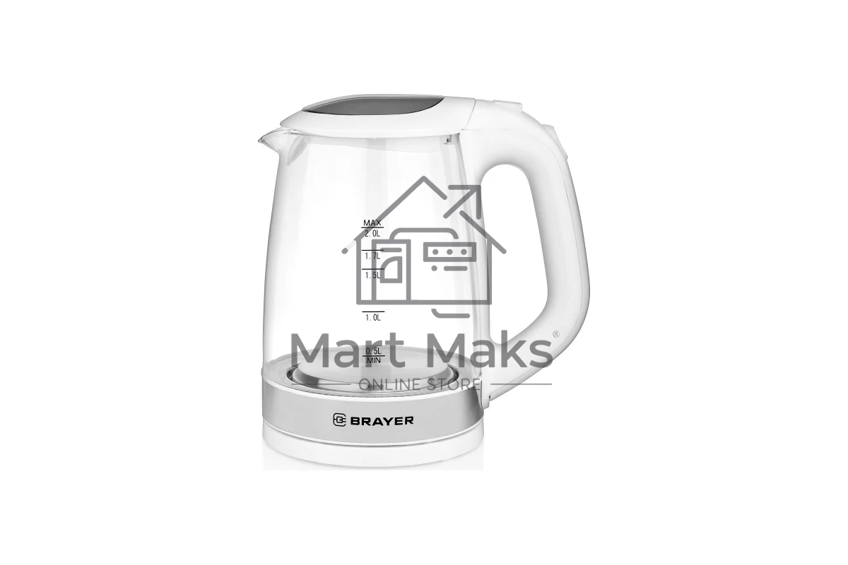 Чайник электрический BRAYER BR1040WH 2220Вт, 2 л, стекл., белый.