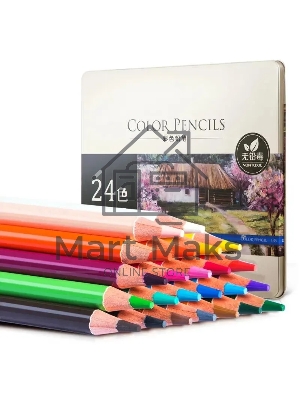 Карандаши цветные Deli 6565, акварельные, круглый профиль, липа, цветной корпус 24 цвета, металлическая коробка