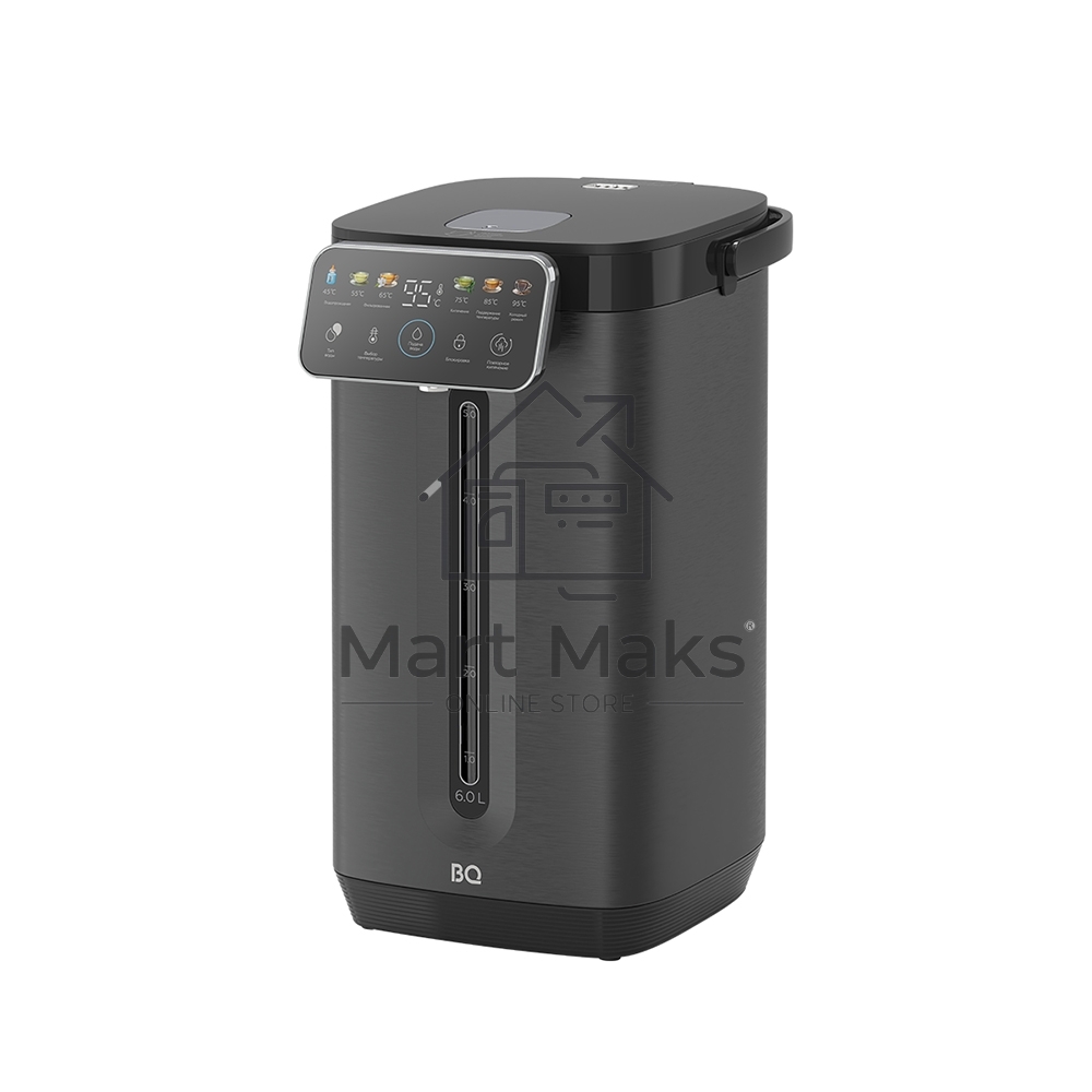 Термопот BQ TP6001 Black, мощность 1800 Вт, объем 6 л, сенсорный тип управления, 6 температурных режимов (45-95°C, с шагом 10°С), функция повторного кипячения, функция поддержания температуры, способы подачи воды - электрическая помпа, индикатор уровня воды, автоотключение при недостаточном количестве воды, блокировка подачи воды, защита от перегрева, дисплей LED, съемная крышка, ручка для переноски, материал корпуса - металл, пластик, материал внутренней камеры - высококачественная нержавеющая сталь AISI 304, длина электрошнура 1.0 м, напряжение 220-240 В, 50-60 Гц, защита от поражения электротоком класс I