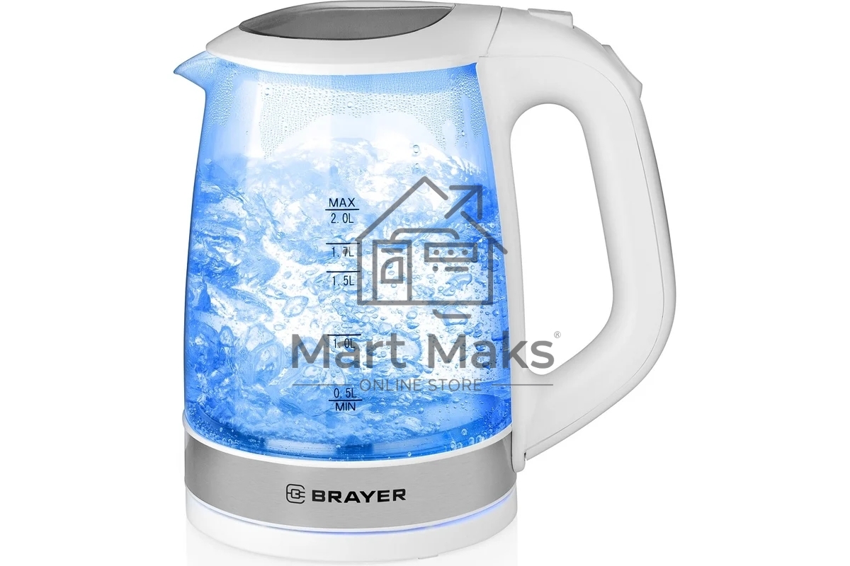 Чайник электрический BRAYER BR1040WH 2220Вт, 2 л, стекл., белый.