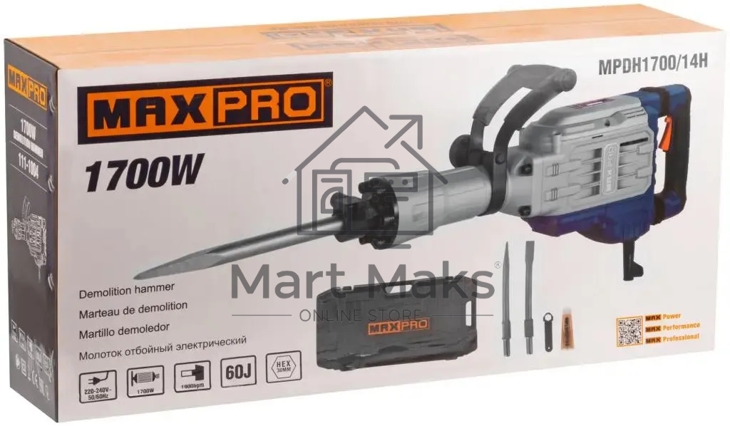 Молоток отбойный MAX-PRO MPDH1700/14H электрический 1700 Вт, 1900 уд/мин, 60 Дж, 30 мм HEX, 14 кг, резиновый кабель, дополнительные щетки, кейс