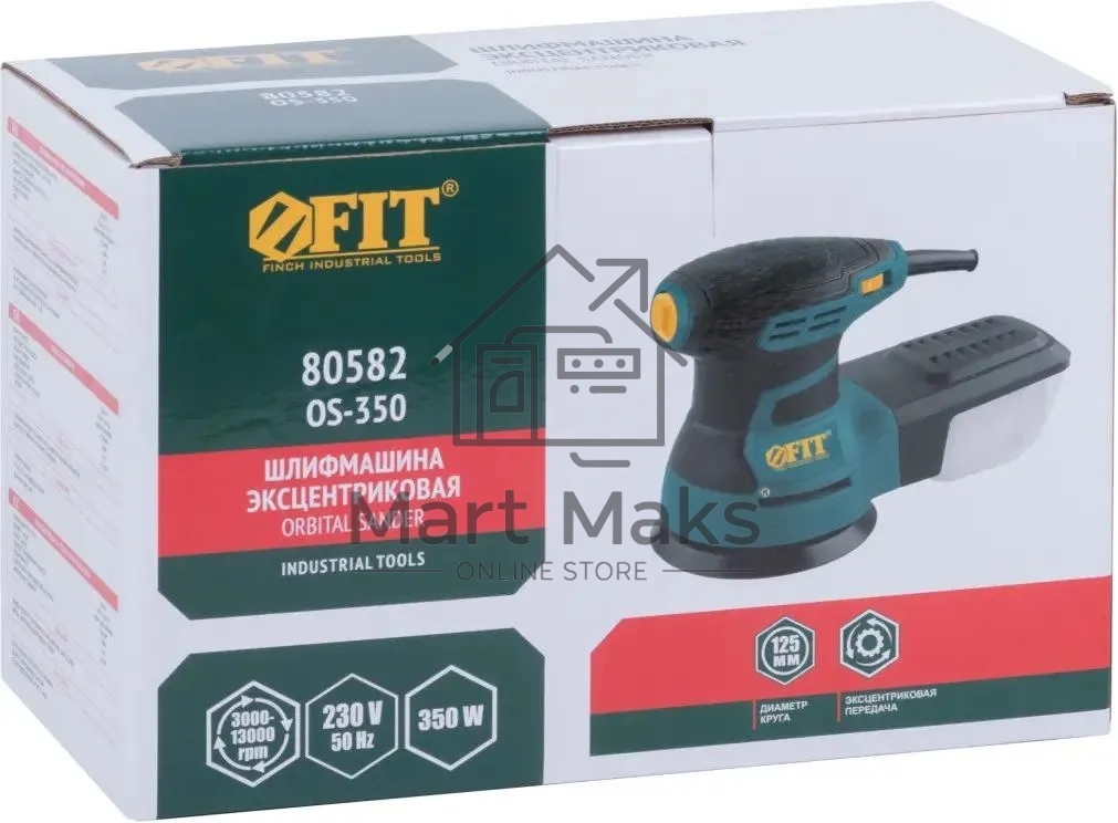 Шлифмашина эксцентриковая FIT OS-350, 350 Вт, 3000-13000 об/мин, 125 мм, 1,5 кг, липучка, пластик. контейнер, коробка