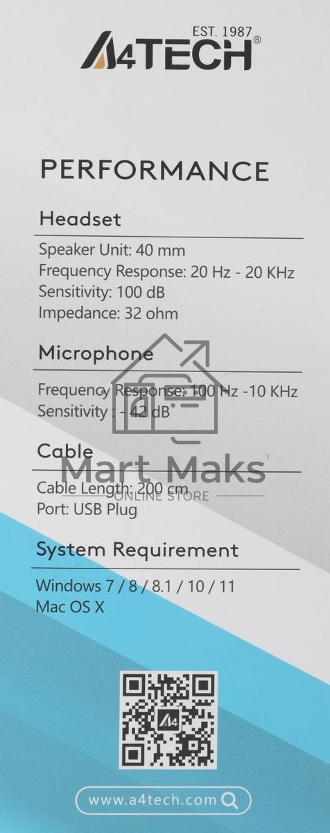 Гарнитура проводная с микрофоном A4Tech Fstyler FH100U белый/черный 2м
