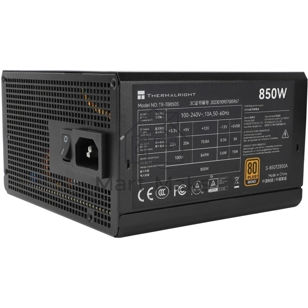 Блок питания Thermalright TR-TB850S 850W 80 PLUS Bronze, (ATX, 3, PCIe 5.0, Non-modular, 1x24(20+4)pin 550mm, 1xCPU*2 8(4+4)pin 600+150mm, 1xPCIe*2 8(6+2)pin 500+150mm, 1x12VHPWR PCIe 5.0 12+4pin 600mm, 1xSATA*3+MOLEX4pin*1 400+150+150+150mm, 1xSATA*2+MOL