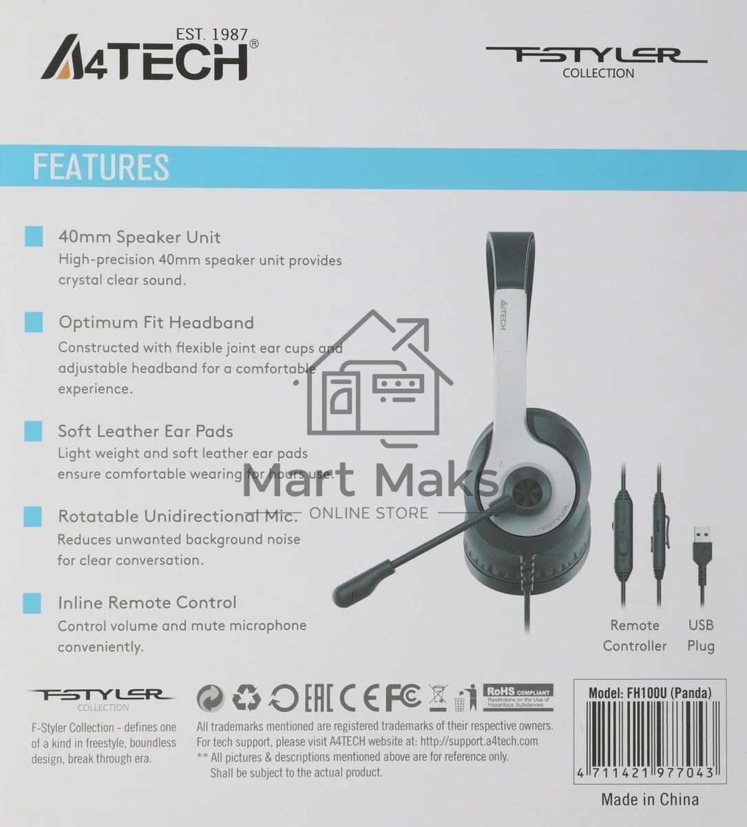 Гарнитура проводная с микрофоном A4Tech Fstyler FH100U белый/черный 2м