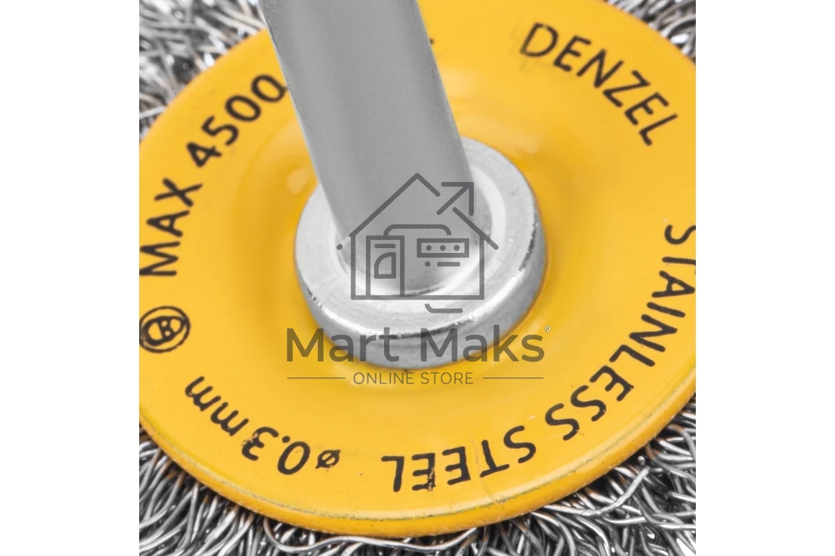 Щетка для дрели Denzel 50 мм, плоская, со шпилькой, нержавеющая витая проволока