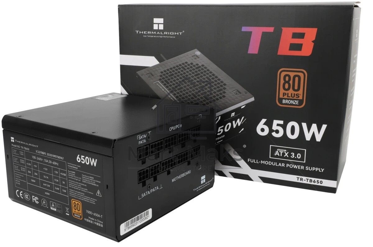 Блок питания Thermalright, 650W 80+ Bronze (ATX, 3.0, Full modular, 1x24(20+4)pin, 2xCPU 8(4+4)pin, 4xPCIe*2 8(6+2)pin, 3xSATA3, 3xMOLEX4pin, Active, 120x120mm, 150x140x86mm, APFC, black)