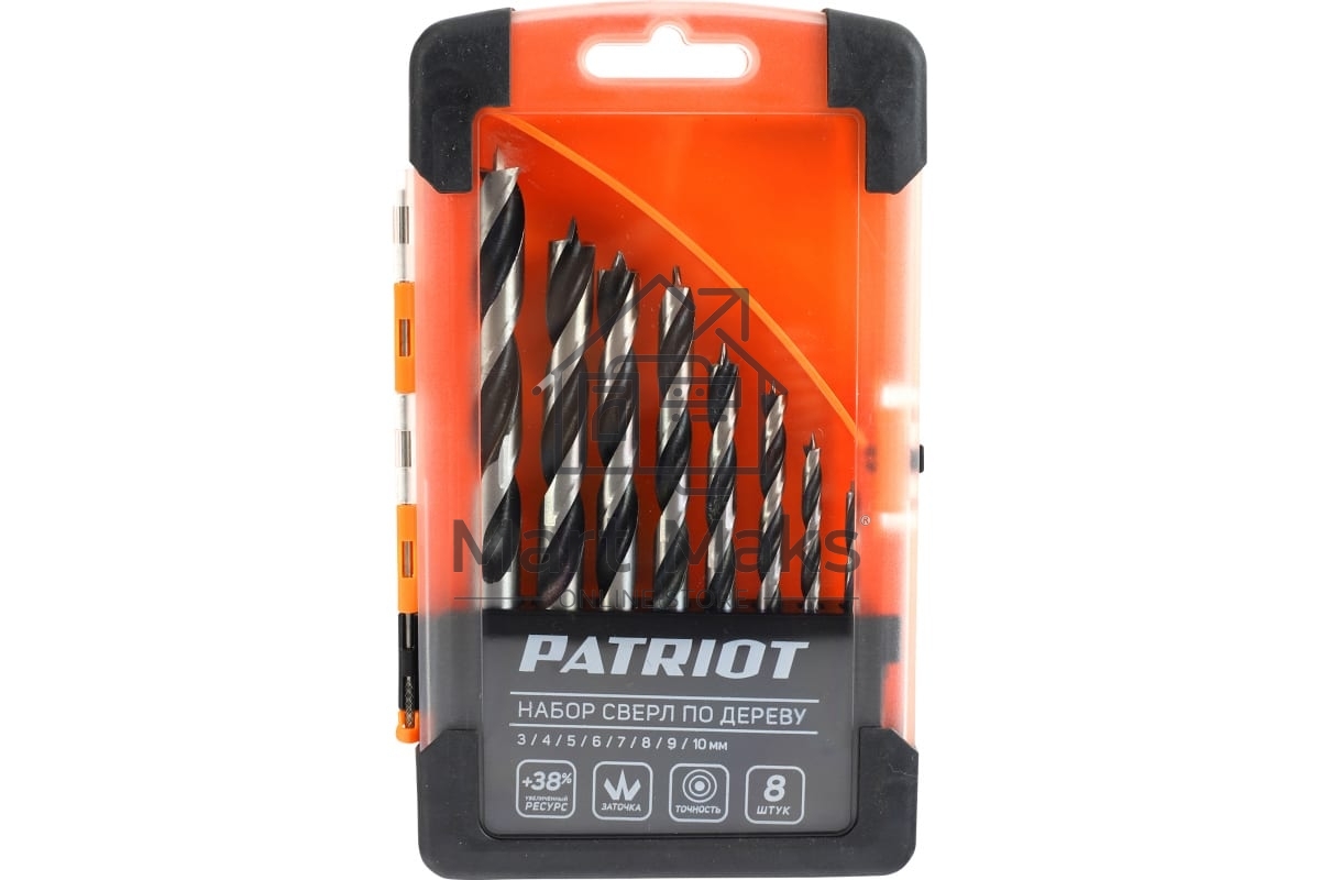 Набор сверл по дереву PATRIOT спиральные, W-образная заточка, 8 шт: 3, 4, 5, 6, 7, 8, 9, 10мм, в пластиковом боксе