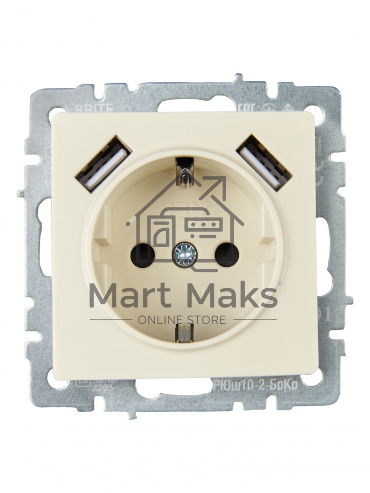 Розетка 1-местная IEK BRITE РЮш10-2-БрКр (BR-R14-16-U21-D31-K10) с заземлением, с защитными шторками, 16А, с USB A+A 5В 3,1А, бежевый