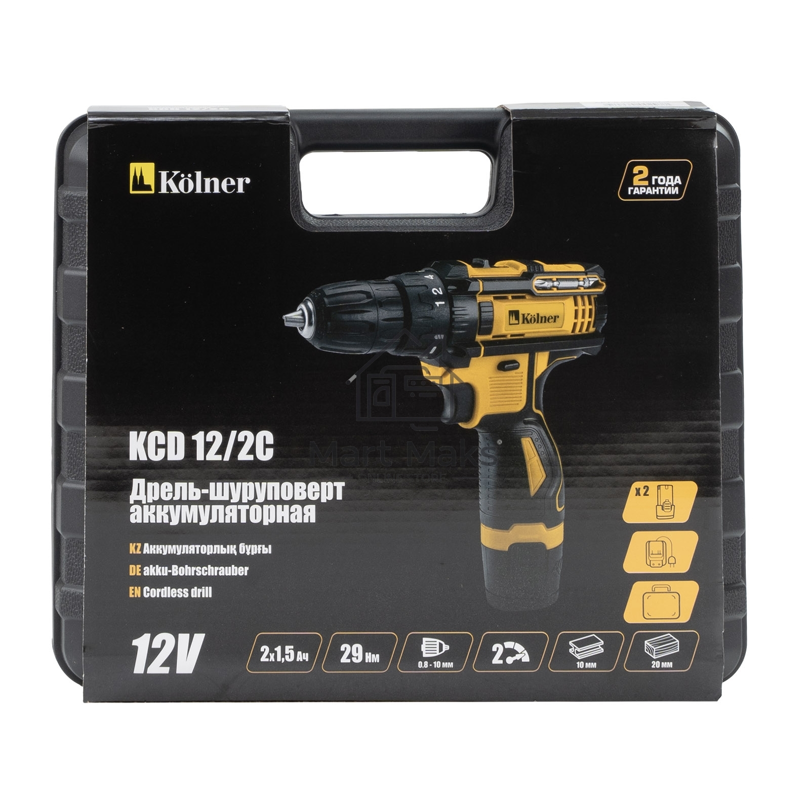 Дрель-шуруповерт аккумуляторная 12V 29 Нм KOLNER KCD 12/2C, БЗП 0,8-10мм, 0-350/1350 об/мин, 2 скорости, подсветка (2х1.5 А·ч, зу, кейс)