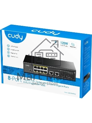 Коммутатор Cudy GS1010PS2, (L2) 10x1Gbит/с 2xКомбо(1000BASE-T/SFP) 2SFP 8PoE 120W, неуправляемый