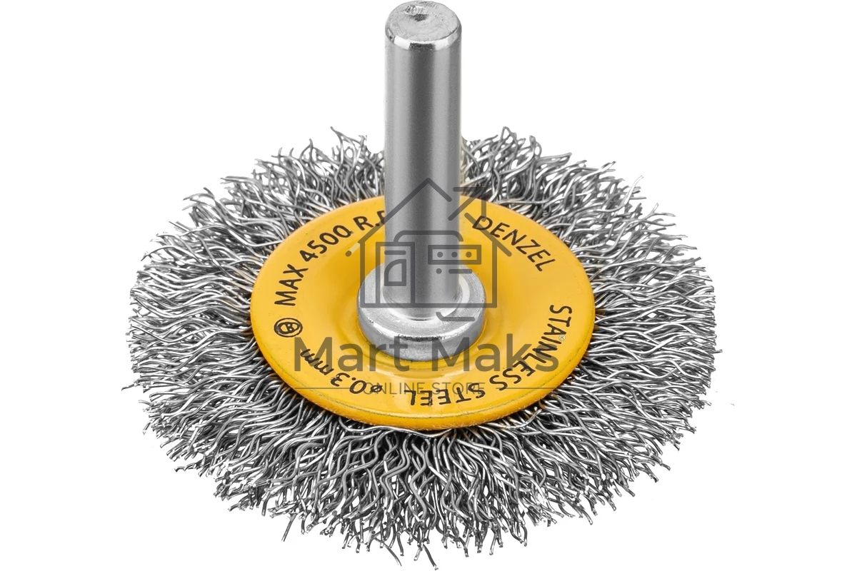 Щетка для дрели Denzel 50 мм, плоская, со шпилькой, нержавеющая витая проволока