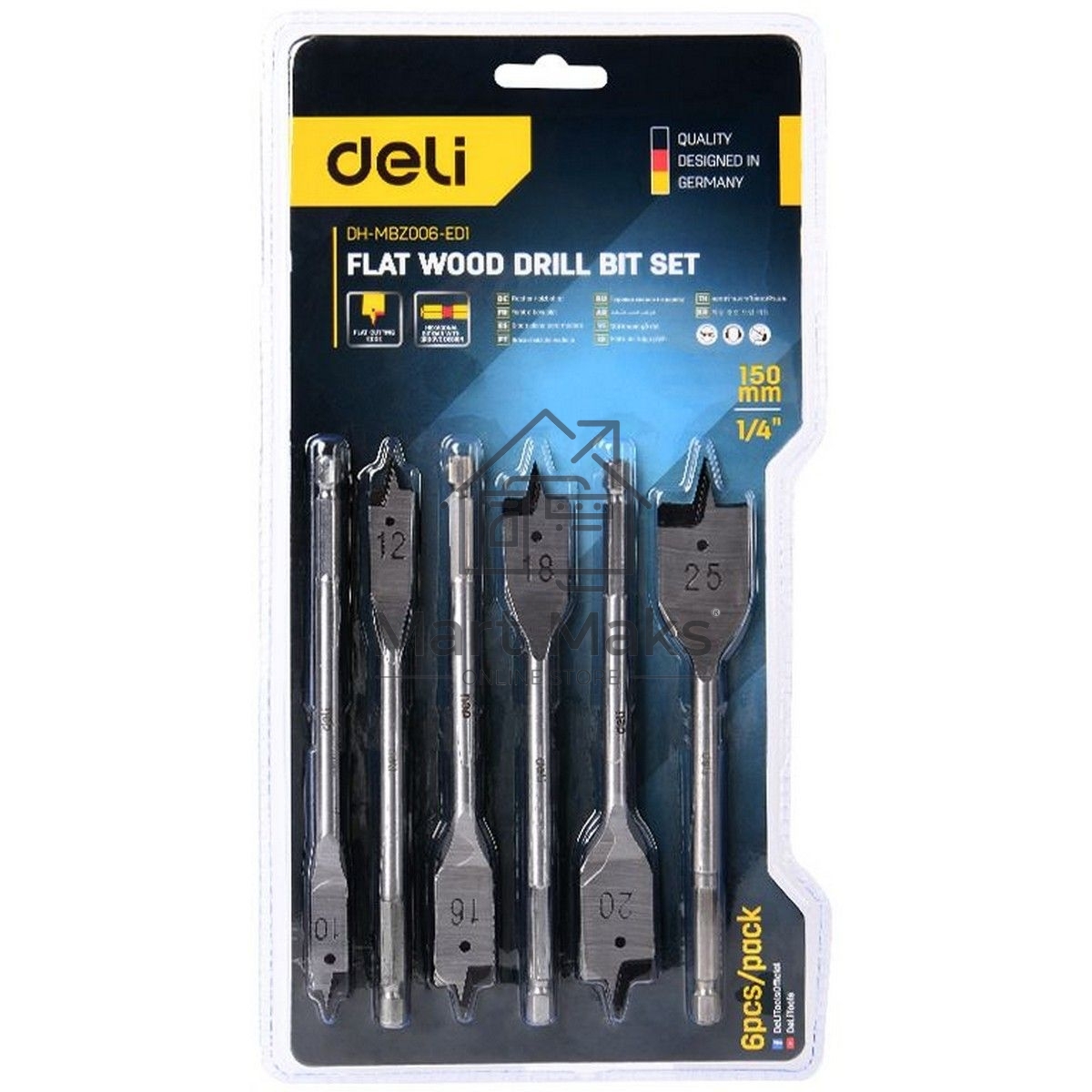 Набор перовых сверл по дереву 6 шт (10/12/16/18/20/25мм) Deli DH-MBZ006-ED1 длина 150мм, 1/4