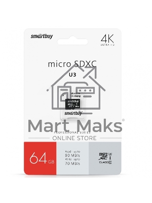 Карта памяти Smartbuy MicroSDXC карта памяти Smartbuy 64Gb Class10 PRO U3 R/W:90/70 MB/s, адаптер в комплекте. 
