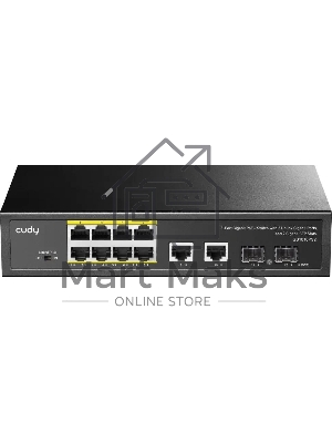 Коммутатор Cudy GS1010PS2, (L2) 10x1Gbит/с 2xКомбо(1000BASE-T/SFP) 2SFP 8PoE 120W, неуправляемый