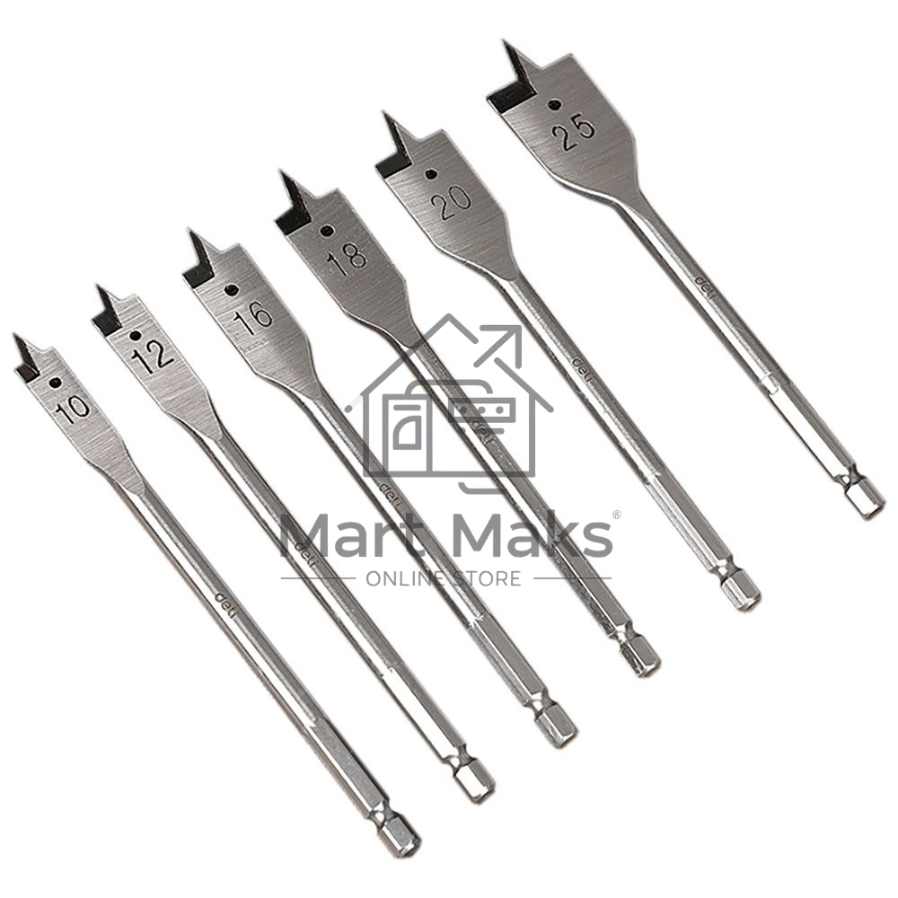 Набор перовых сверл по дереву 6 шт (10/12/16/18/20/25мм) Deli DH-MBZ006-ED1 длина 150мм, 1/4