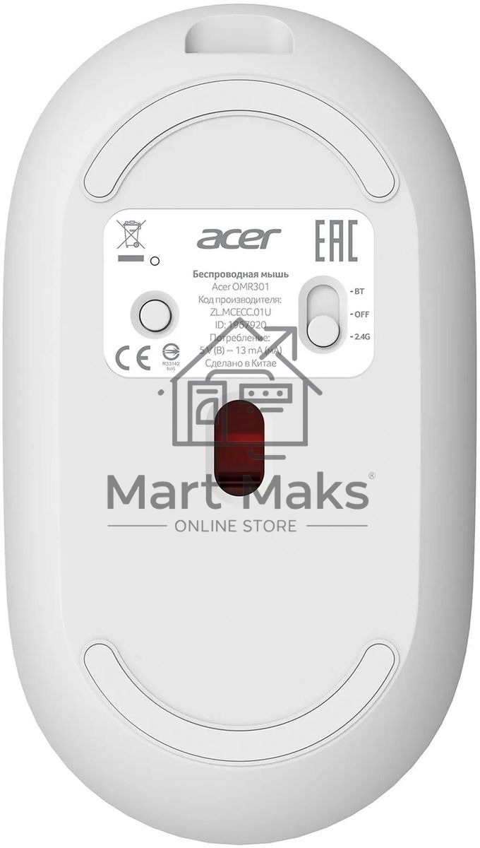 Мышь беспроводная Acer OMR301 белый, 1600 dpi, радиоканал, Bluetooth, USB, кнопки - 4