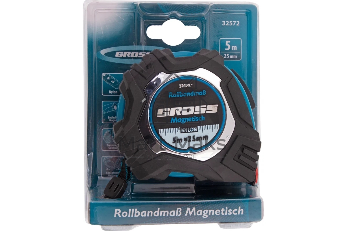 Рулетка Magnetisch, 5 м х 25 мм обрезиненный корпус,автоматическая фиксация GROSS 32572