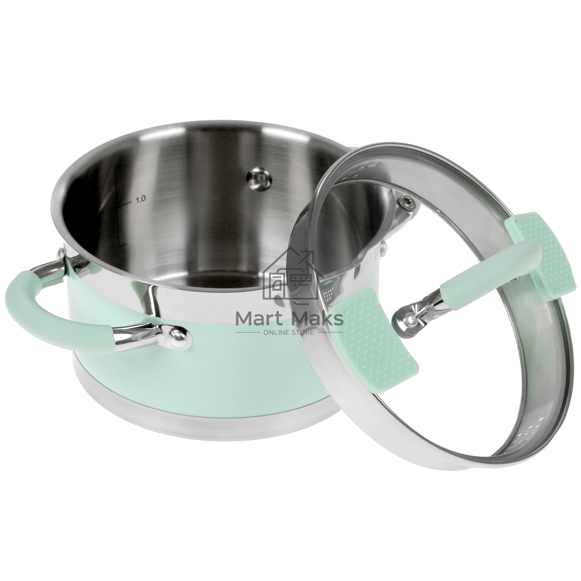Кастрюля LARA LR02-540 MINT 16x9 см, 1,7 л, носик, индукционное дно, крышка с бортом, полипропилен, силикон, нержавеющая сталь