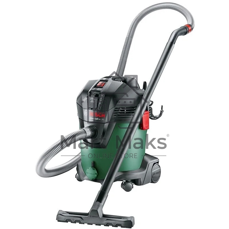 Строительный пылесос Bosch AdvancedVac20 зеленый, 300/1200 Вт, уборка сухая/влажная, пылесборник мешок/контейнер, 20 л