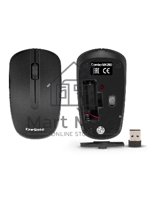 Комплект беспроводной ExeGate Professional Standard Combo MK280 (клавиатура полноразмерная влагозащищенная 104кл. + мышь оптическая 1000dpi, 3 кнопки и колесо прокрутки; USB, радиоканал 2,4 ГГц, радиус действия до 10м, черный, Color Box)