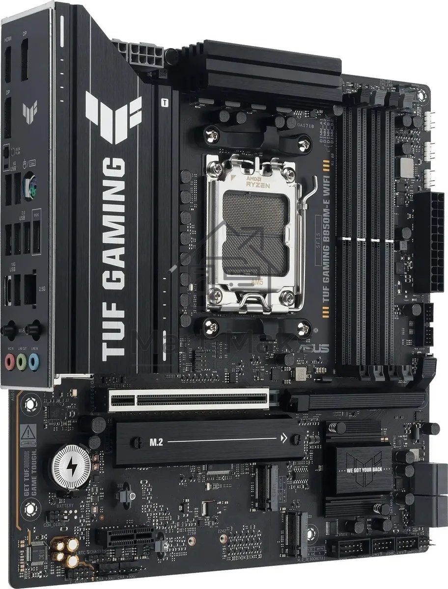 Материнская плата ASUS TUF GAMING B850M-E WIFI, AM5, AMD B850, 4xDDR5, 4xSATA, 3xM.2, 1xPCIe 5.0 x16, 1xPCIe 3.0 x1, 1xHDMI, 2xDP, 1x2.5Gb LAN, Wi-Fi 6E, Bluetooth 5.3, 1xUSB-C 10Gbps, 1xUSB-A 10Gbps, 2xUSB-A 5Gbps, 4xUSB-A 2.0, 3x3.5 мм, 7.1, mATX
