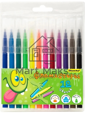 Фломастеры Silwerhof Монстрики 9мм 145мм, круглый корпус, пулевидный пишущий наконечник, вентилируемый колпачок, 12 цветов, пакет с европодвесом