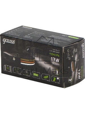 Фонарь налобный Gauss GFL412 черный 13Вт лам.:светодиодный встроенный аккумулятор