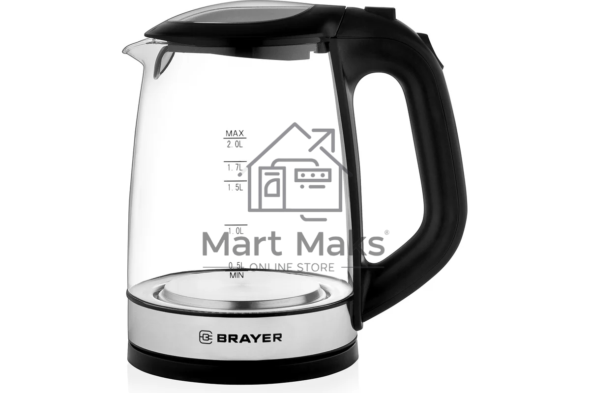 Чайник электрический BRAYER BR1040BK 2220Вт, 2 л, стекл., черный.