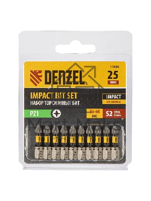 Набор бит торсионных Denzel PZ1x25 мм, лазерная обработка шлица, сталь S2, 10 шт.