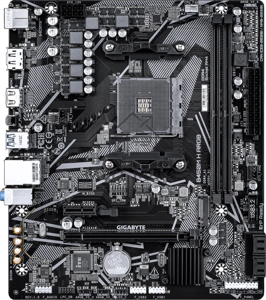 Материнская плата Gigabyte B450M H ARGB, AM4, AMD B450, 2xDDR4, 4xSATA, 1xPCIe 3.0 x16, 1xPCIe 3.0 x1, 1xDisplayPort, 1xHDMI, 1x 1Gb LAN, 4xUSB 3.2 Gen 1, 2xUSB 2.0, 3x3.5 мм, 7.1, microATX