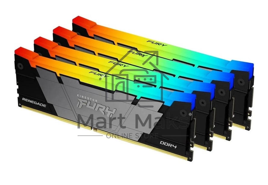 Оперативная память Kingston Fury Renegade, DDR4, 128GB (4x32GB), 3600MHz, CL18, DIMM, радиатор, RGB, черный/серебристый