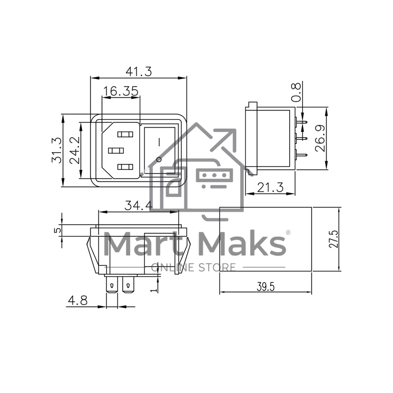 Выключатель клавишный Rexant 250V 10А (4с) ON-OFF красный с подсветкой и штекером C14 3PIN