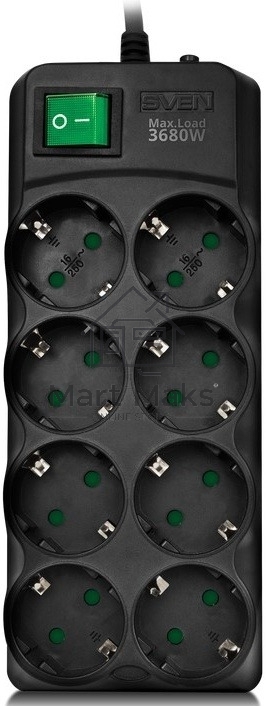 Сетевой фильтр SVEN SF-08E-16 (3 м 8 розеток с защитными шторками,16А) черный, цветная коробка