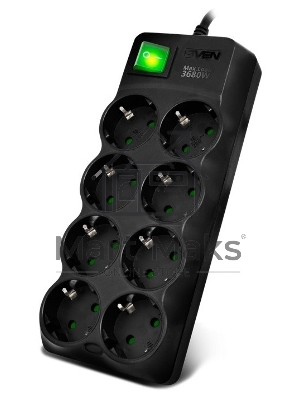 Сетевой фильтр Sven SF-08E-16 (3 м 8 розеток с защитными шторками,16А) черный, цветная коробка