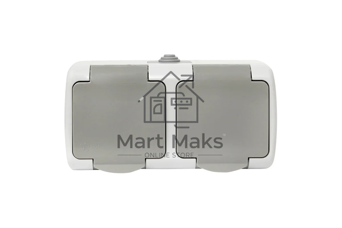 Розетка EKF Мурманск EFR16-129-30-54 2-местная 16А с заземлением с крышкой IP54 серый с защитными шторками