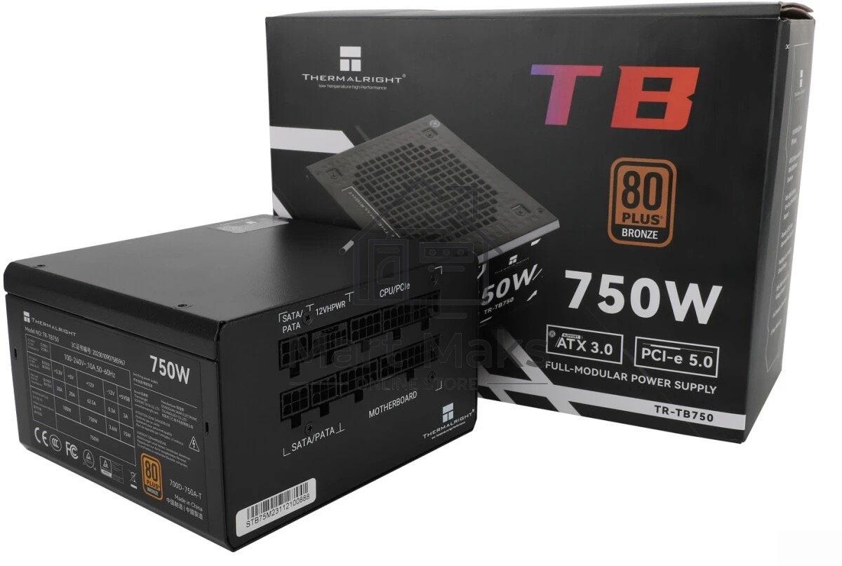 Блок питания Thermalright, 750W 80+ Bronze (ATX, 3.0, PCIe 5.0, Full modular, 1x24(20+4)pin, 2xCPU 8(4+4)pin, 4xPCIe*2 8(6+2)pin, 3xSATA3, 1x12+4pin (12VHPWR PCIe 5.0 12+4pin 600mm), 3xMOLEX4pin, Active, 120x120mm, 150x140x86mm, APFC, black)