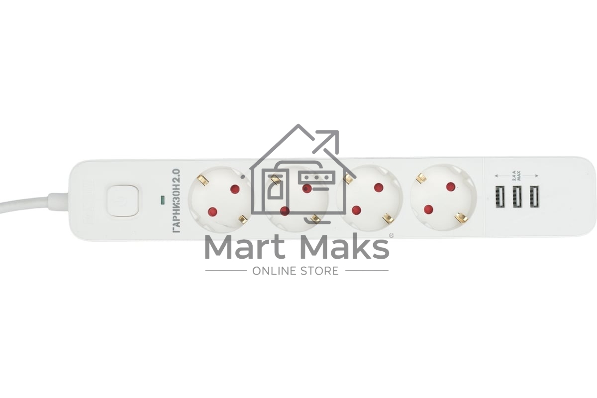 Сетевой фильтр Гарнизон 2.0 Мультипорт EPS-4-U3-W-2, 4 р, 10А, 3xUSB, 2м, ур.защиты 2+, белый, пакет