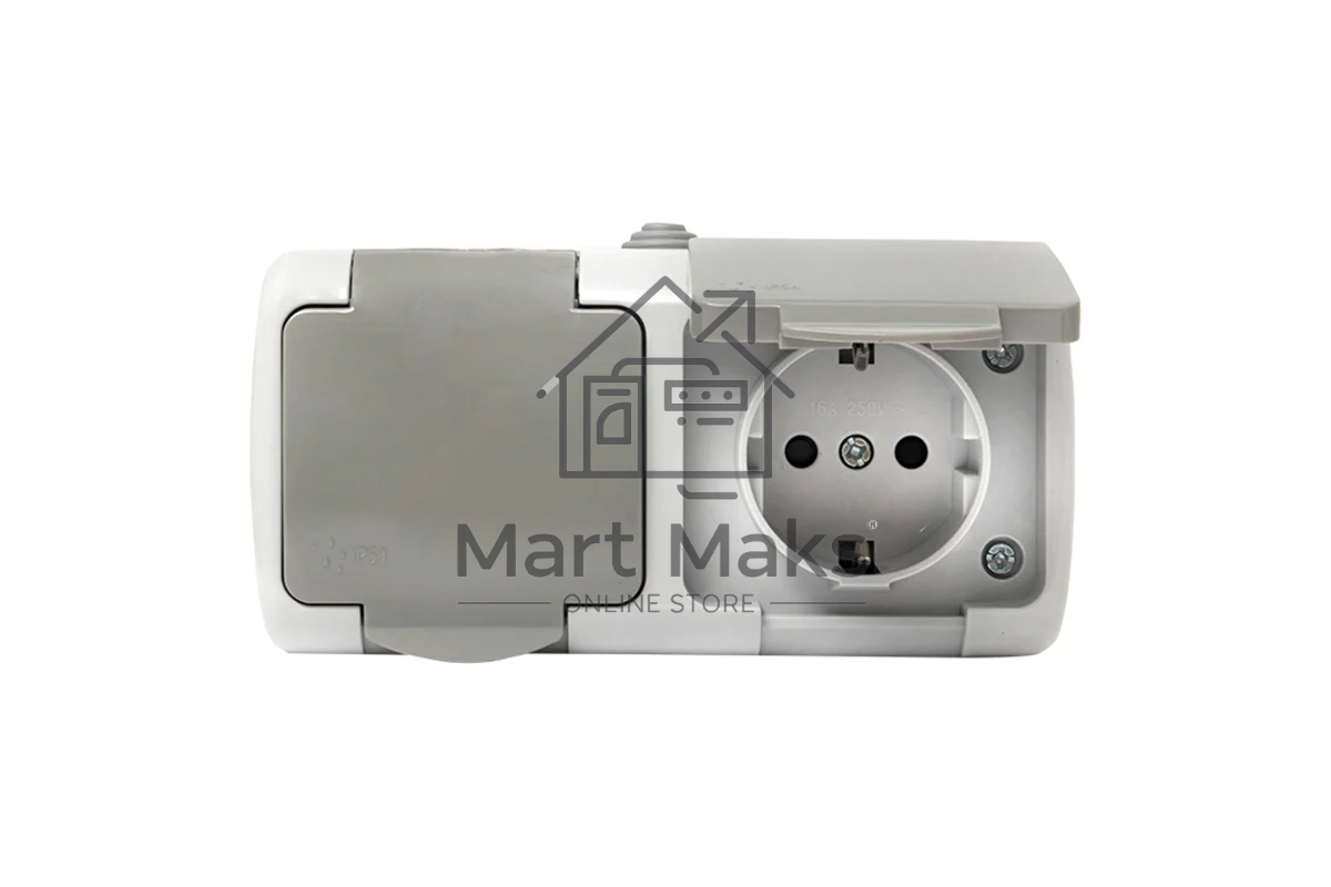 Розетка EKF Мурманск EFR16-129-30-54 2-местная 16А с заземлением с крышкой IP54 серый с защитными шторками