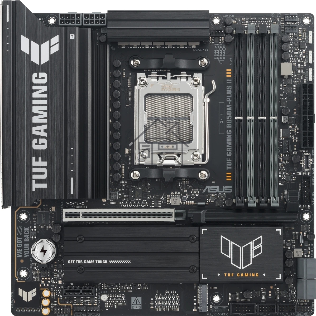 Материнская плата ASUS TUF GAMING B850M-PLUS II, AM5, AMD B850, 4xDDR5, 4xSATA, 3xM.2, 1xPCIe 5.0 x16, 1xPCIe 4.0 x1, 1xHDMI, 1xDP, 1x2.5Gb LAN, 1xUSB-C 20Gbps, 3xUSB-A 10Gbps, 4xUSB-A 5Gbps, 4xUSB-A 2.0, 3x3.5 мм, 7.1, mATX