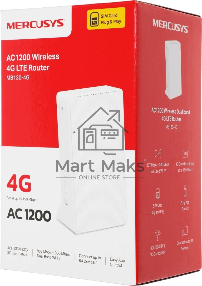 Wi-Fi роутер Mercusys MB130-4G AC1200 Двухдиапазонный 4G LTE