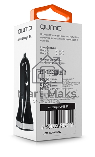 Автомобильное зарядное устройство QUMO 3A, 2 USB, 1A+2A черный