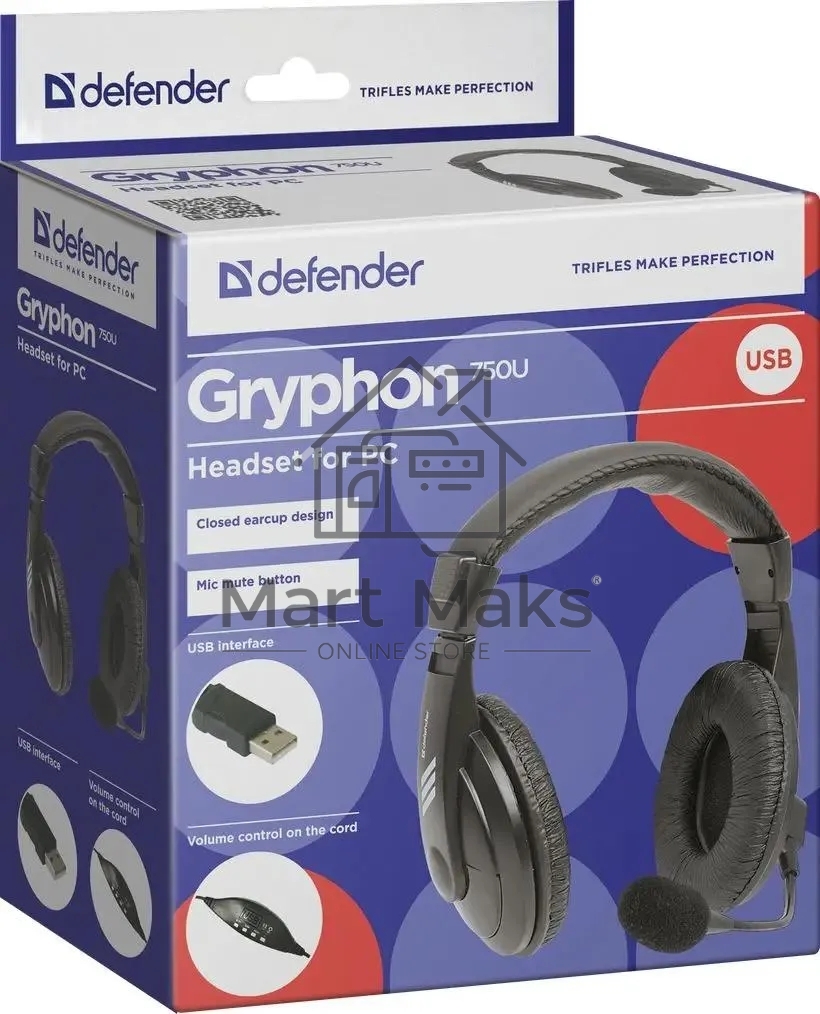 Гарнитура Defender Gryphon 750U USB, черный, 1.8м кабель